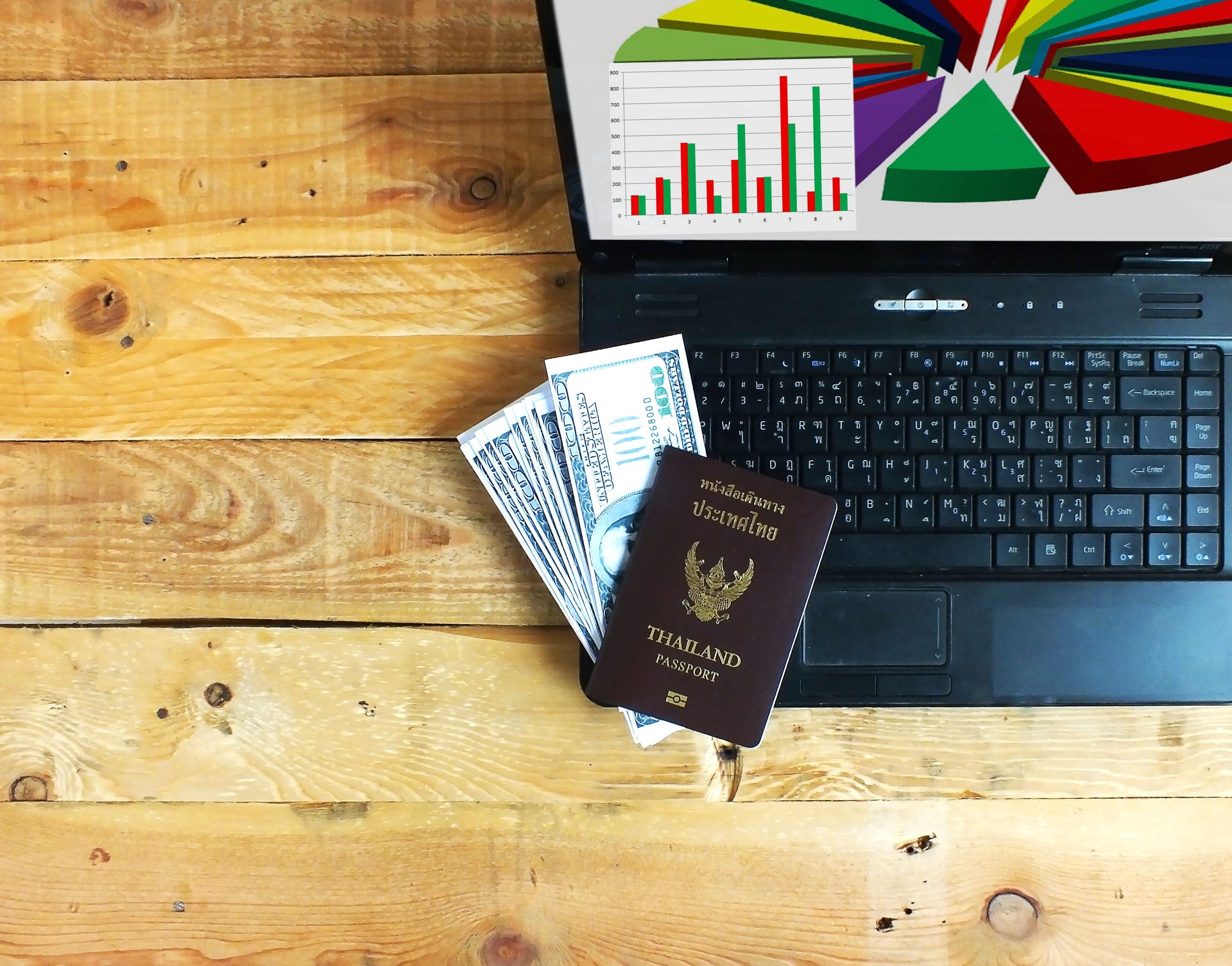 Labtop, passaportes, notas sobre a mesa, prepare-se para viajar a negócios.